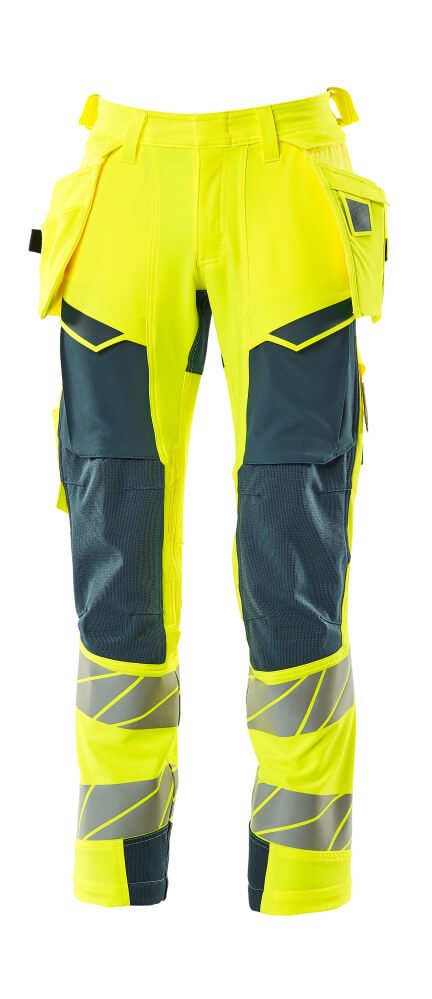 Housut riipputaskuilla - 19031 - 711 - hi - vis keltainen/tumma petrooli - Safewear Suojainkauppa